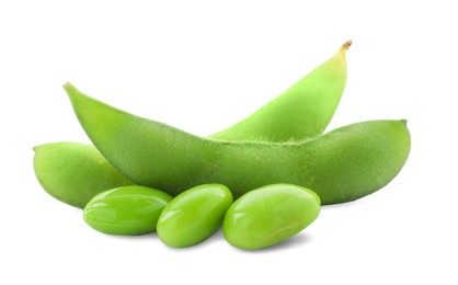 Fresh green edamame pods and beans on white background