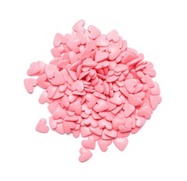 Photo of Pile of sweet candy hearts on white background, top view