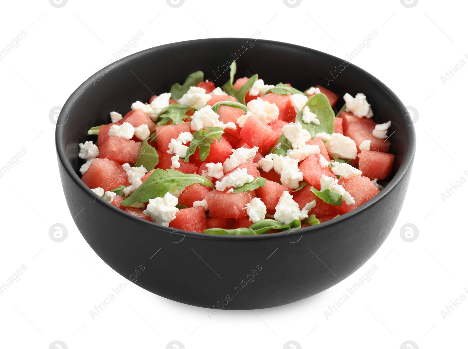 Photo of Delicious salad with watermelon, arugula and feta cheese isolated on white