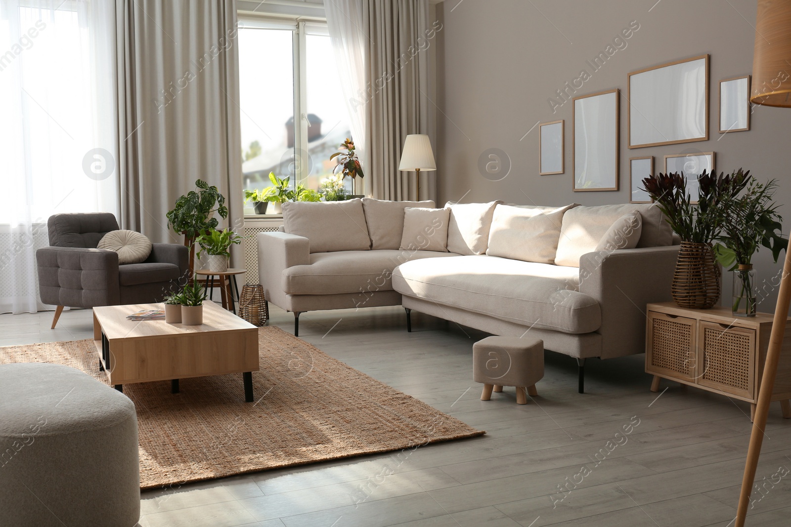 Photo of Beautiful living room interior with comfortable sofa