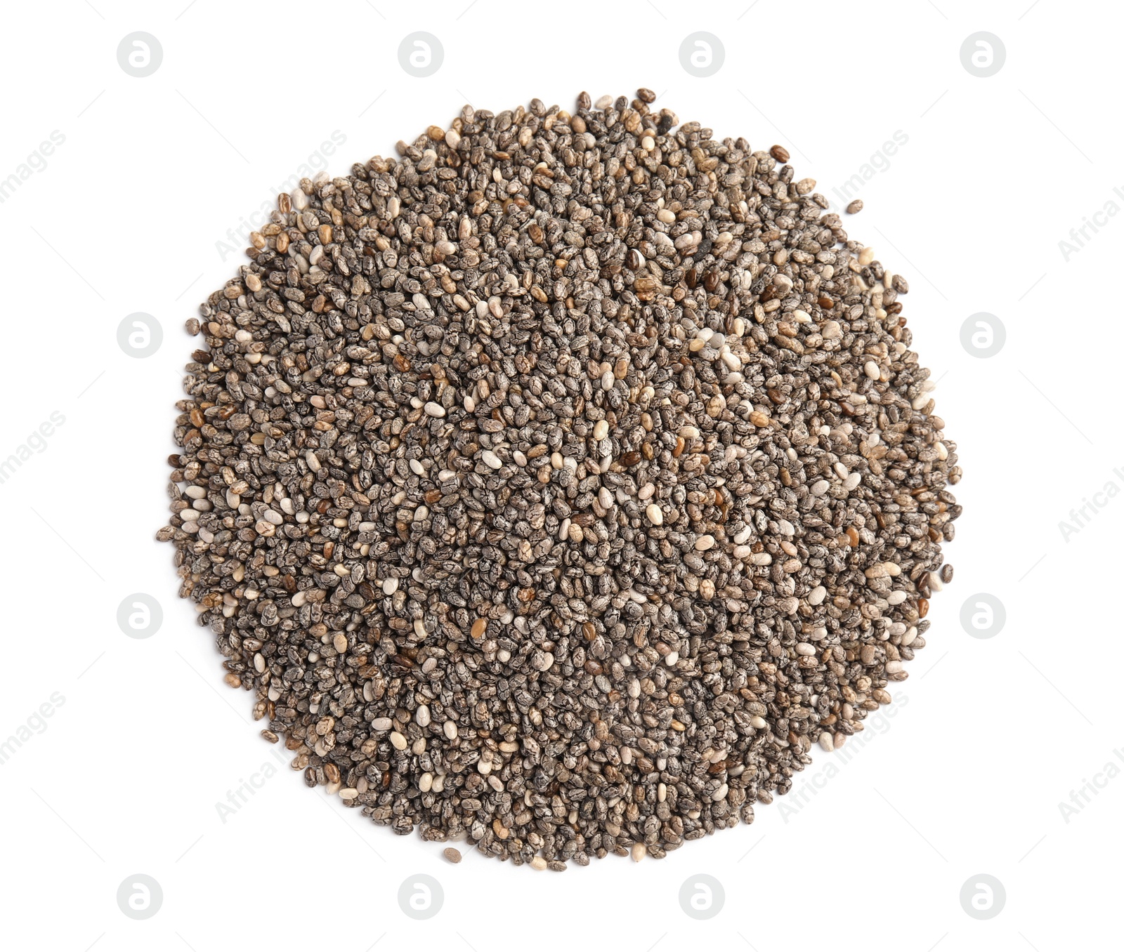 Photo of Pile of chia seeds isolated on white, top view