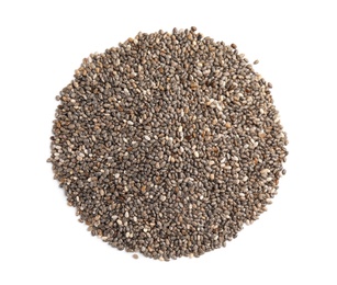 Photo of Pile of chia seeds isolated on white, top view