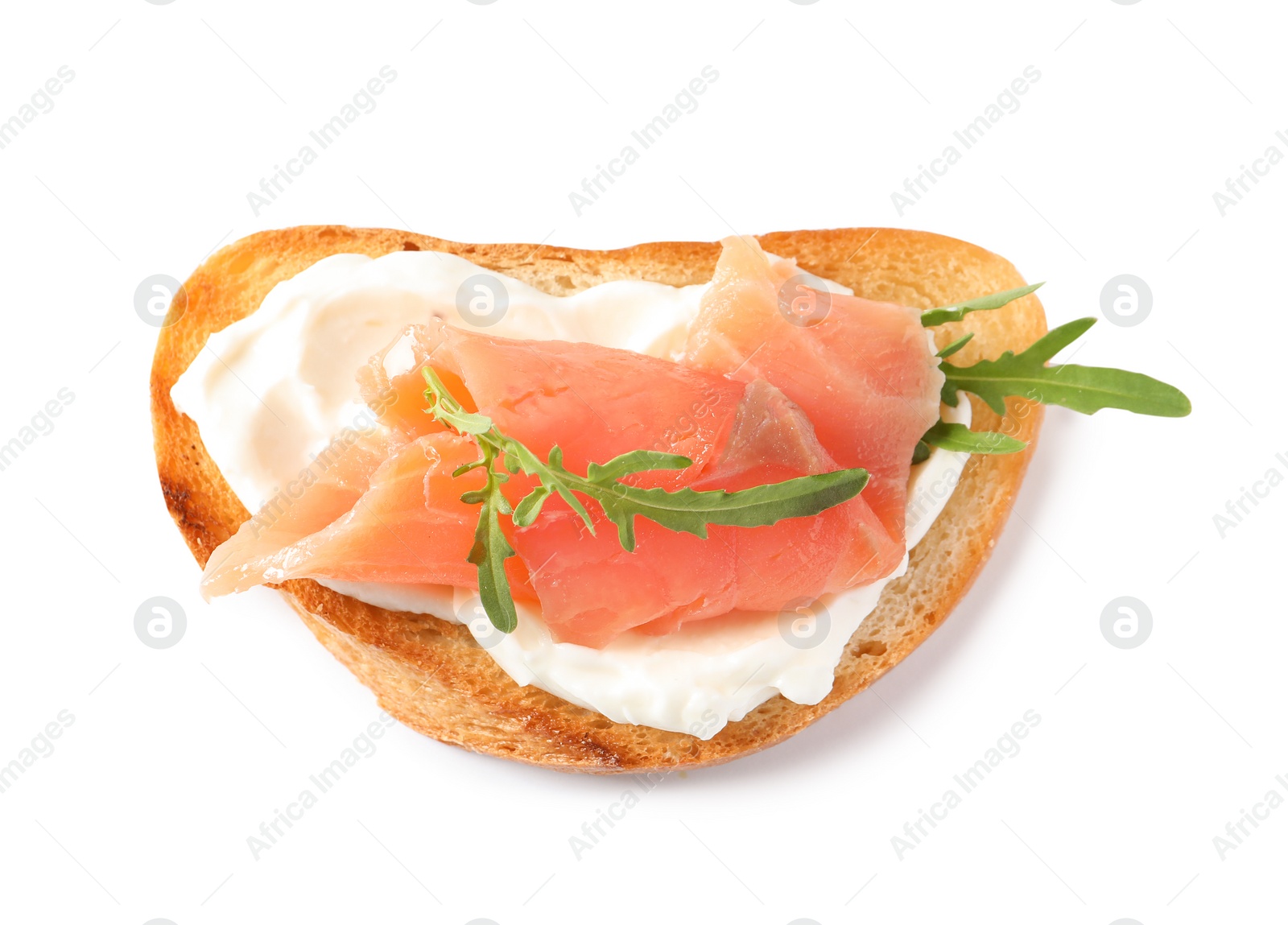 Photo of Tasty bruschetta with salmon and arugula on white background, top view