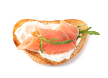 Photo of Tasty bruschetta with salmon and arugula on white background, top view