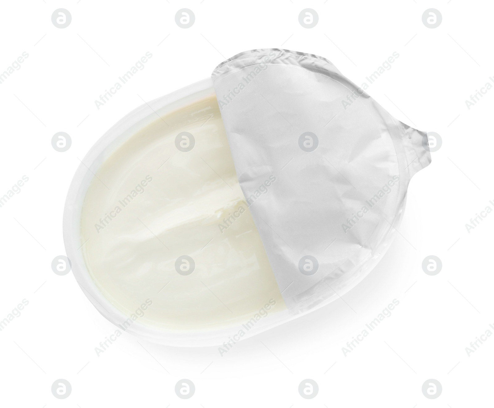 Photo of Container with tasty cream cheese isolated on white, top view