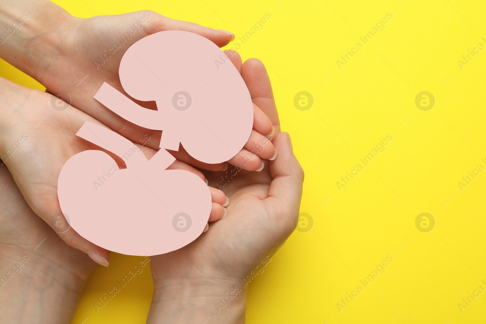 Photo of People holding paper cutout of kidneys on yellow background, top view. Space for text