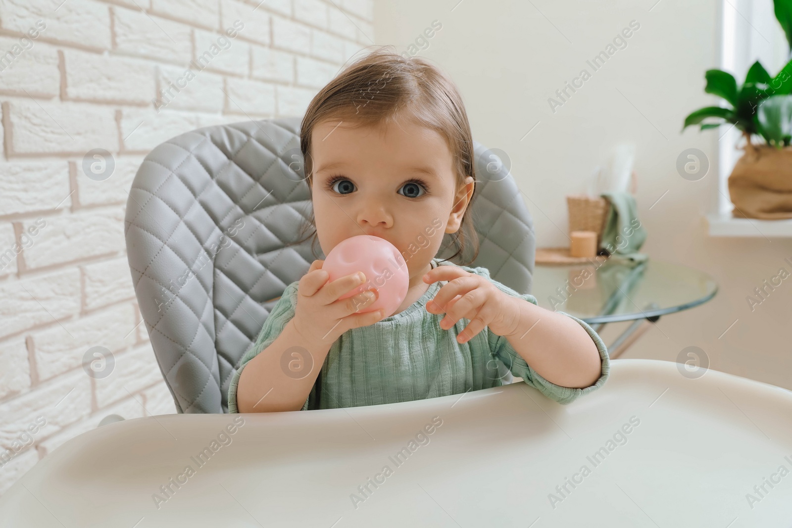 Photo of Cute little baby nibbling toy in high chair indoors