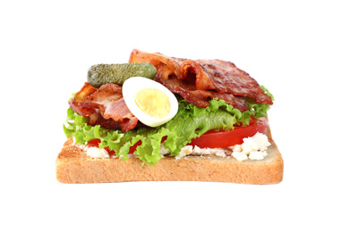 Photo of Tasty sandwich with bacon isolated on white