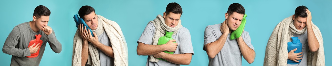 Image of Man with hot water bottle on light blue background, collage. Banner design 