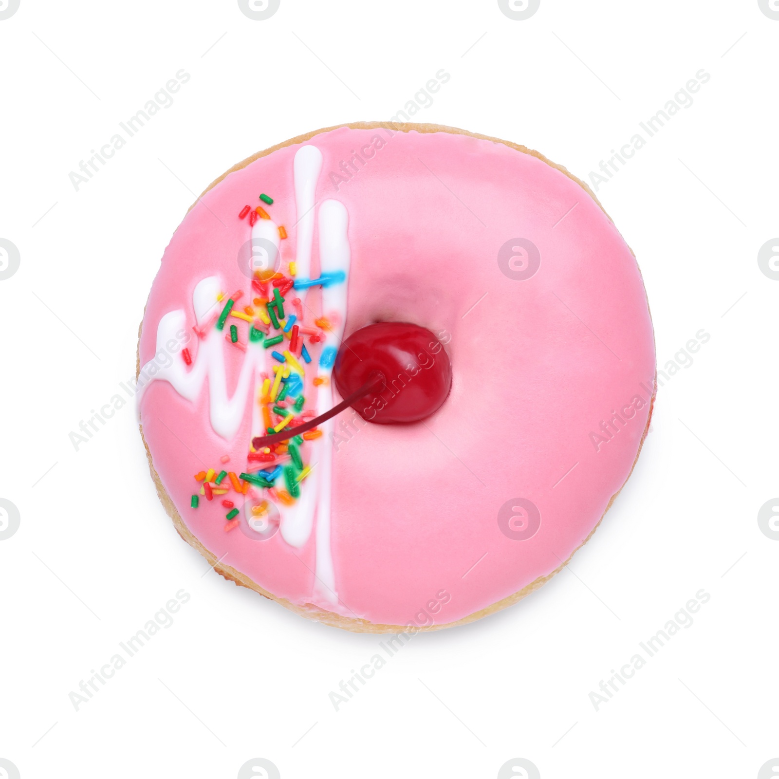 Photo of Tasty glazed donut decorated with sprinkles and cherry isolated on white, top view