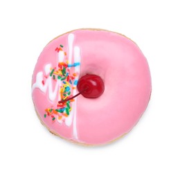 Photo of Tasty glazed donut decorated with sprinkles and cherry isolated on white, top view