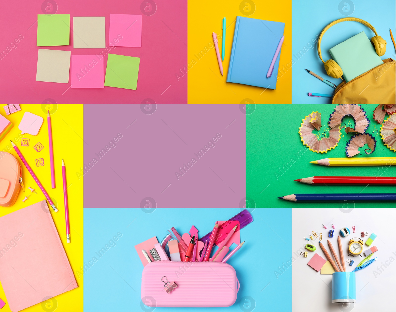 Image of Collage with photos of various school stationery on different color backgrounds, top view. Space for design