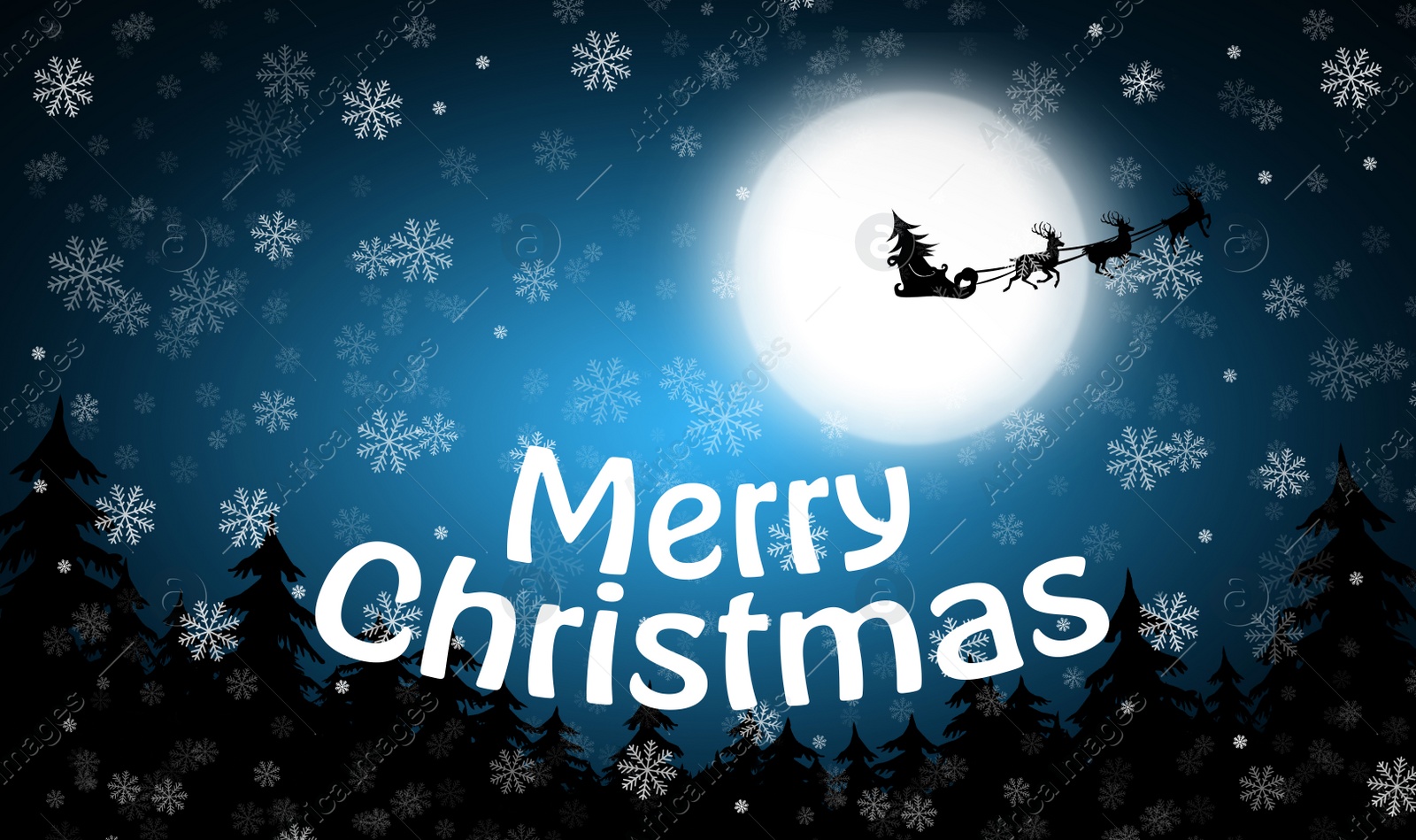 Illustration of Merry Christmas. Reindeers pulling Santa's sleigh in sky on full moon night