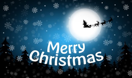 Illustration of Merry Christmas. Reindeers pulling Santa's sleigh in sky on full moon night