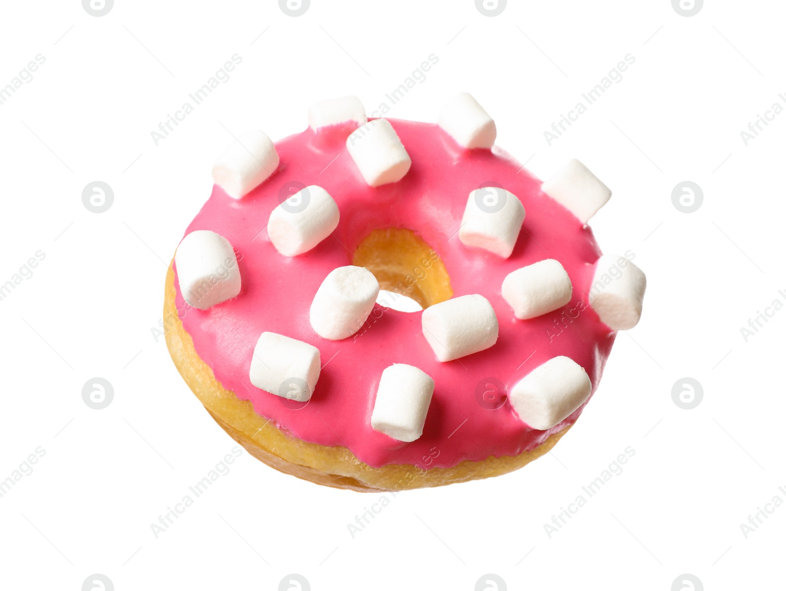 Photo of Sweet tasty glazed donut decorated with marshmallows isolated on white