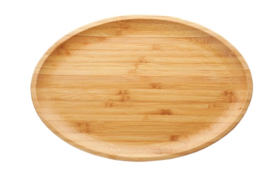 Plate made of bamboo on white background, top view