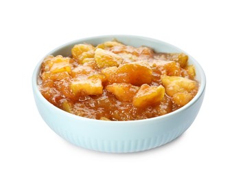 Tasty apple jam in bowl isolated on white