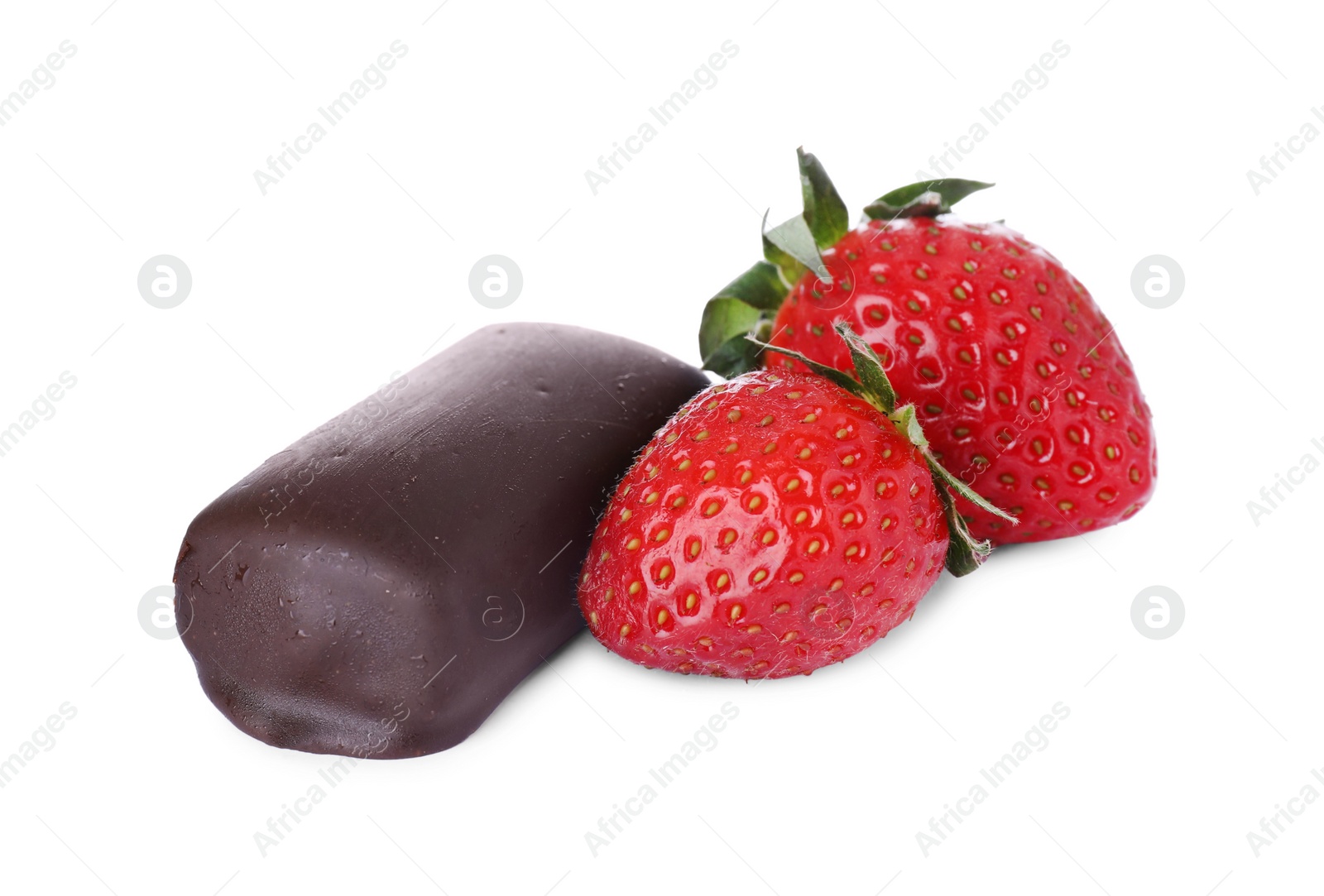 Photo of Delicious glazed curd snack and fresh strawberries isolated on white