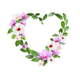 Beautiful heart shaped composition made with tender flowers and green leaves on white background