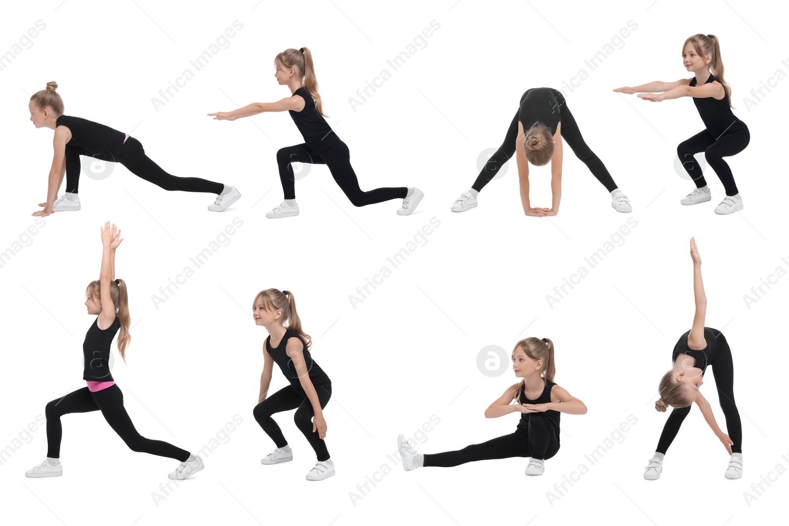 Image of Little girl doing morning exercises on white background, collage design