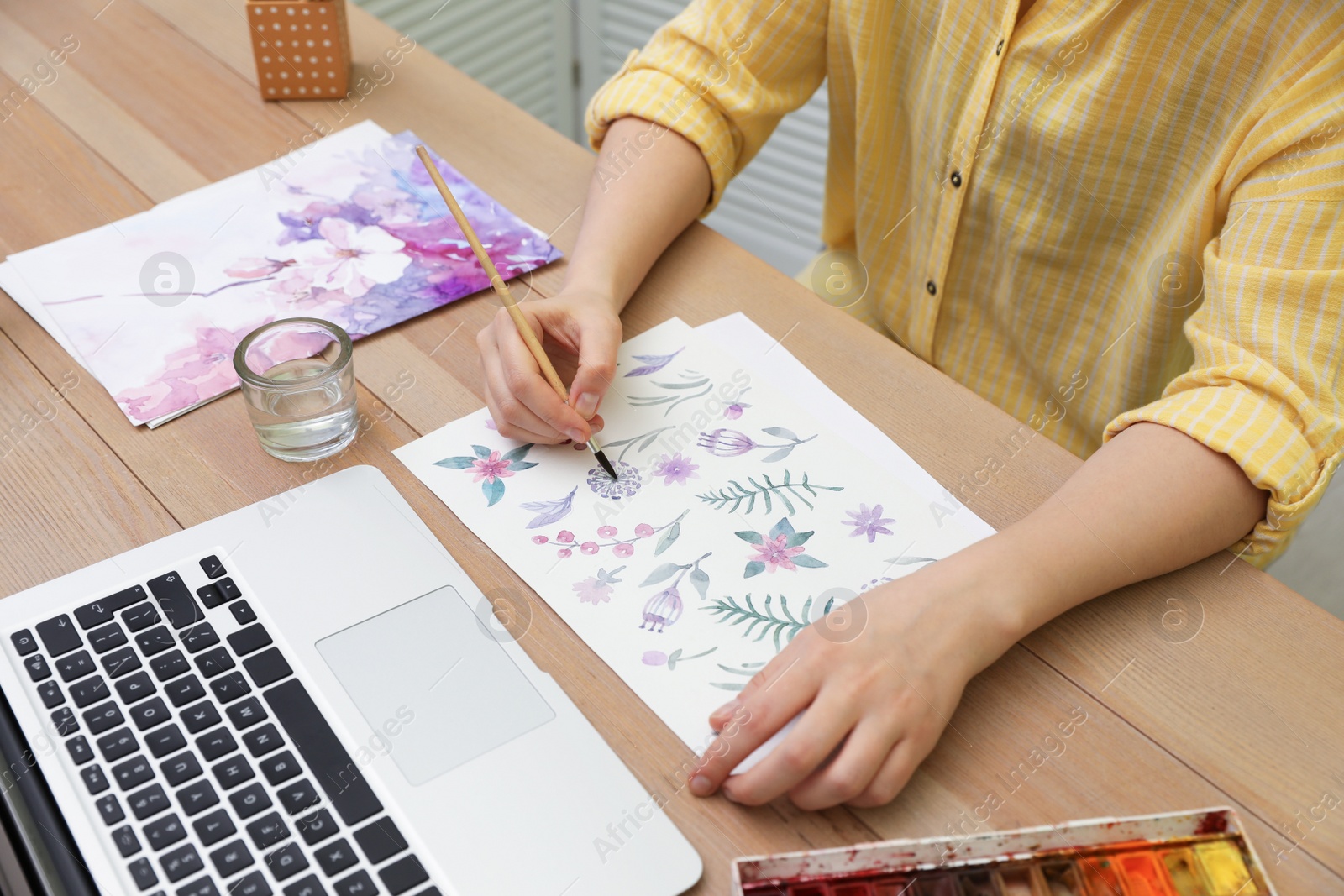 Photo of Woman drawing picture at online art lesson indoors, closeup. Distant learning