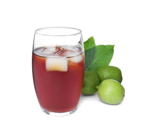 Photo of Delicious liqueur with ice and green walnuts on white background