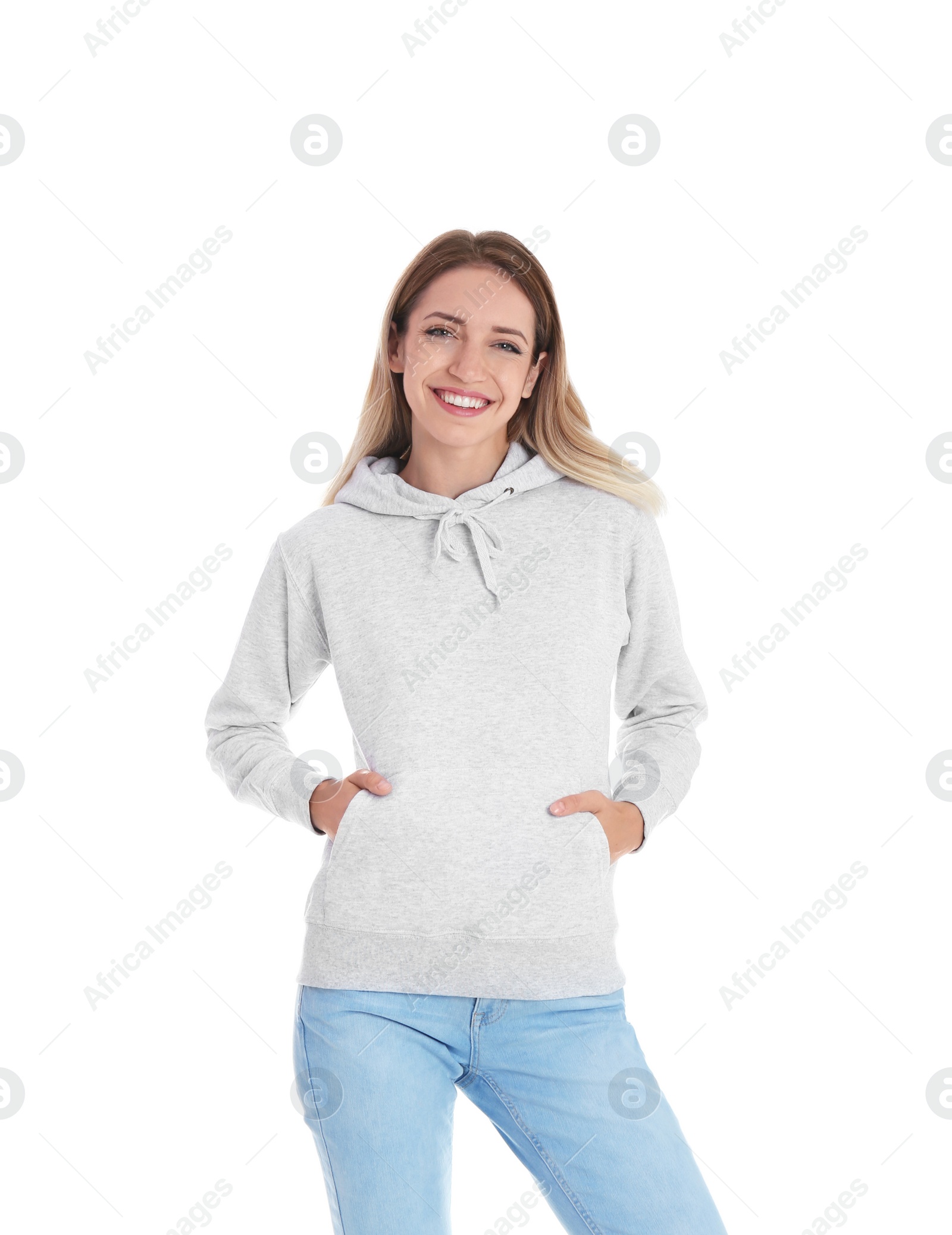 Photo of Portrait of woman in hoodie sweater on white background. Space for design