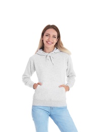 Photo of Portrait of woman in hoodie sweater on white background. Space for design