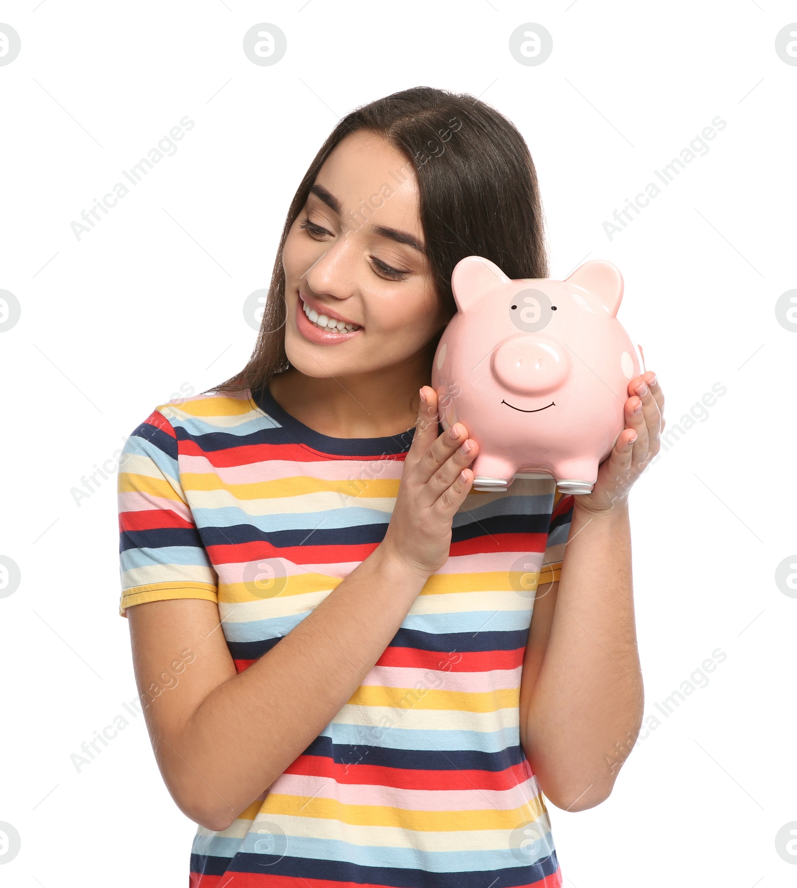 Photo of Portrait of young woman with piggy bank on white background