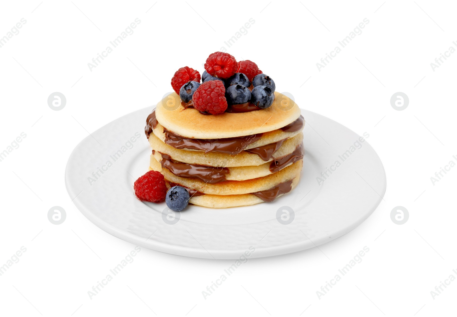 Photo of Stack of tasty pancakes with chocolate spread and berries isolated on white