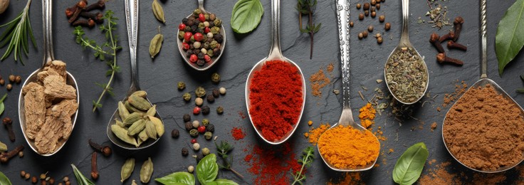 Image of Different herbs and spices with spoons on black table, flat lay. Banner design