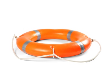 Photo of Orange life buoy on white background. Summer holidays