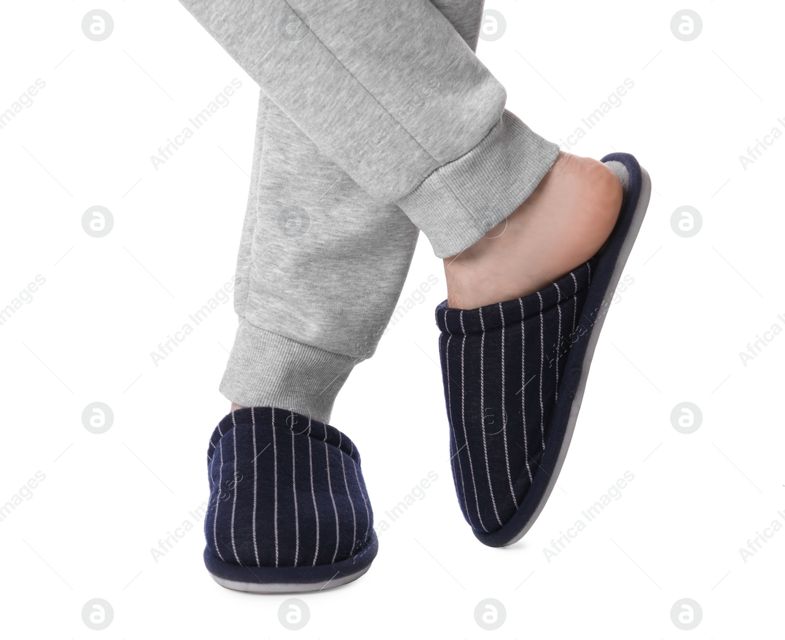 Photo of Man in soft slippers on white background, closeup