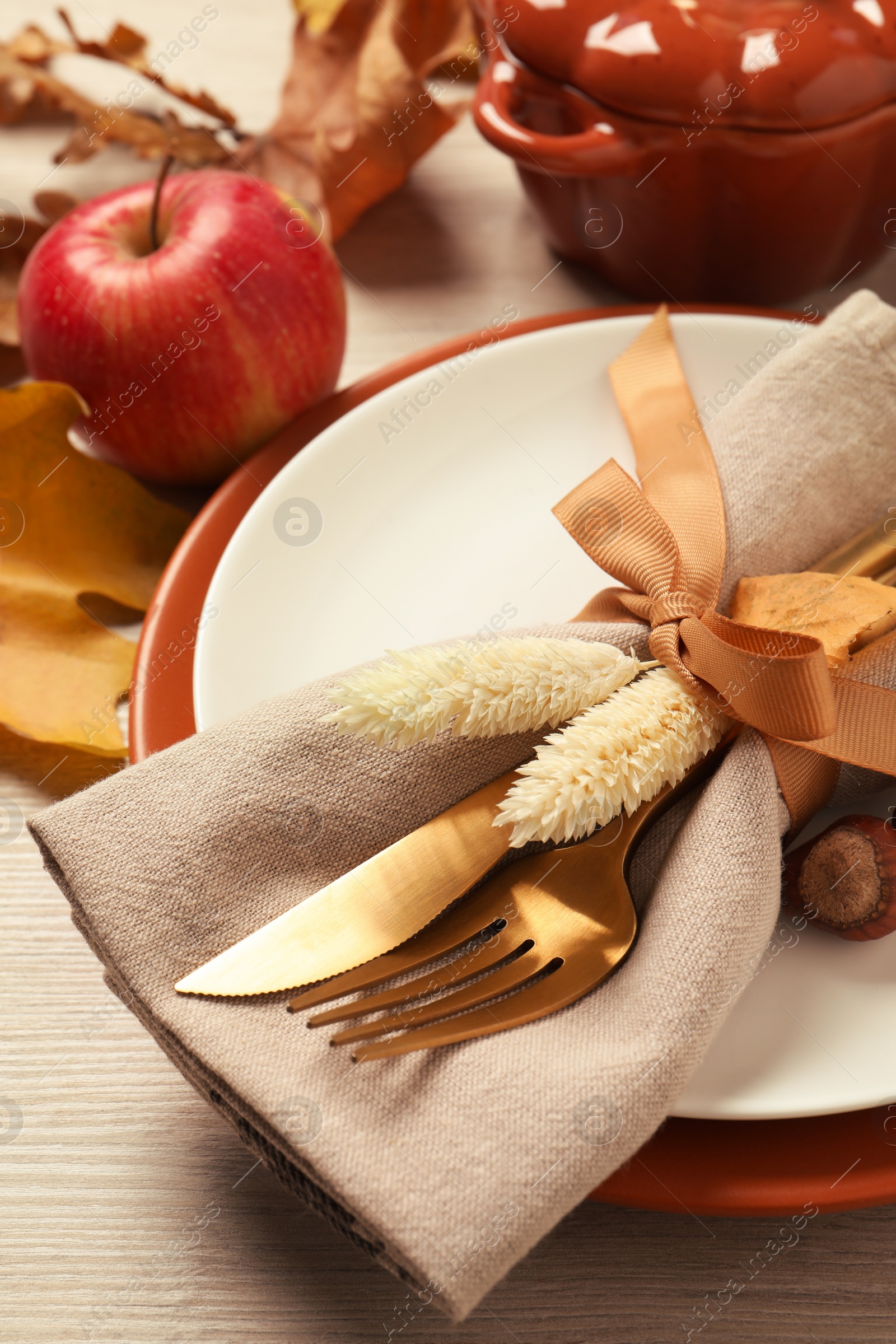 Photo of Festive table setting with autumn decor on wooden background, closeup