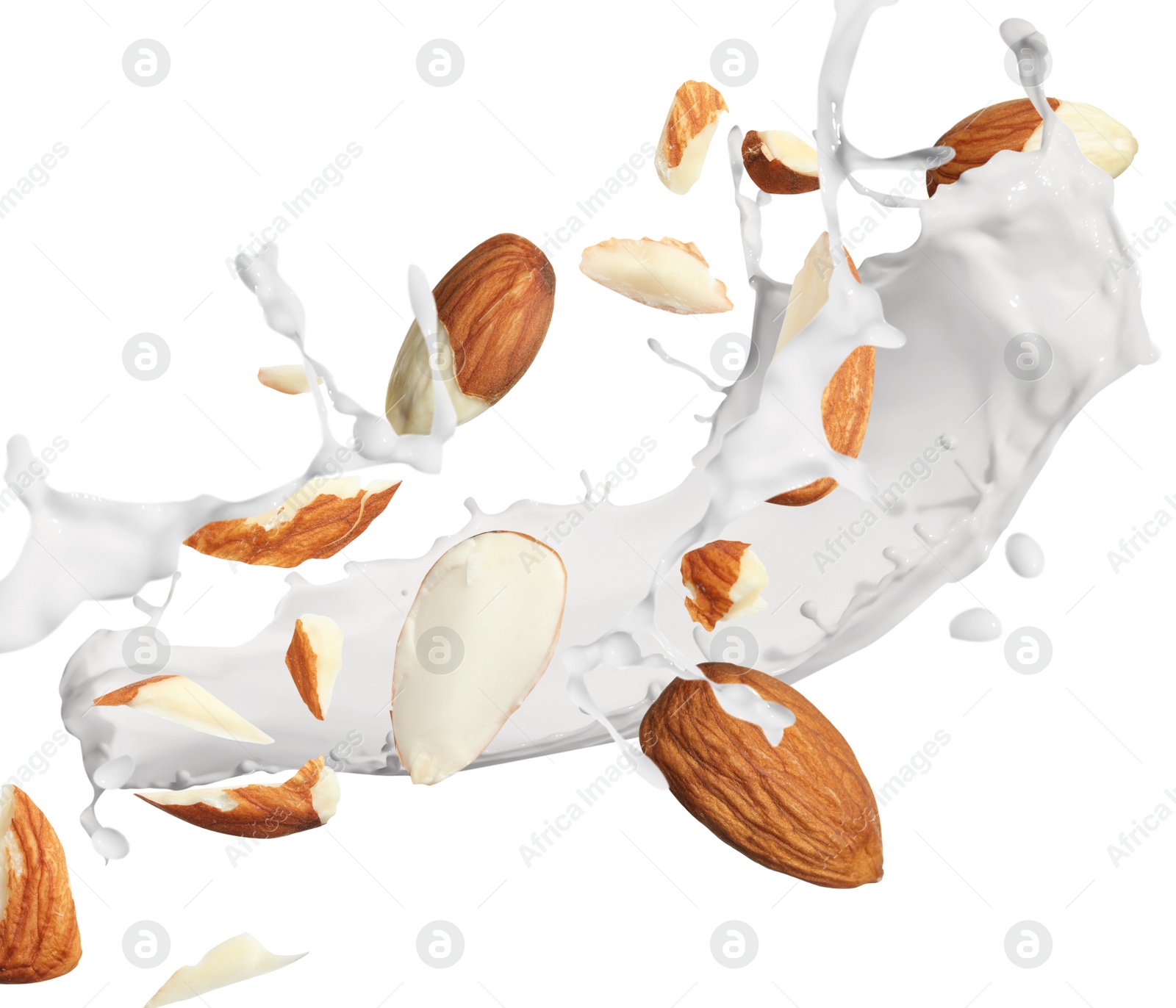 Image of Delicious almond milk and nuts on white background