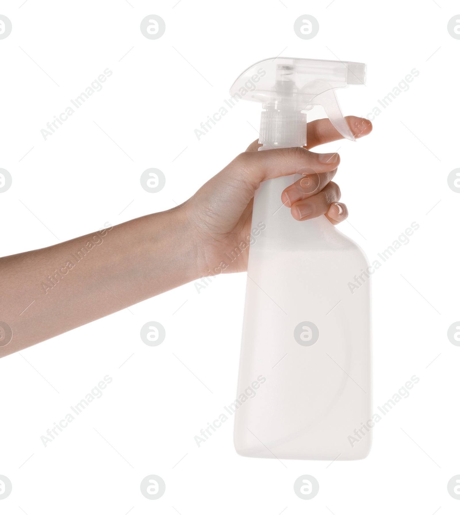 Photo of Woman holding plastic spray bottle with liquid isolated on white, closeup