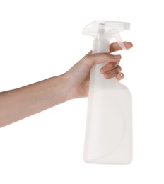 Photo of Woman holding plastic spray bottle with liquid isolated on white, closeup