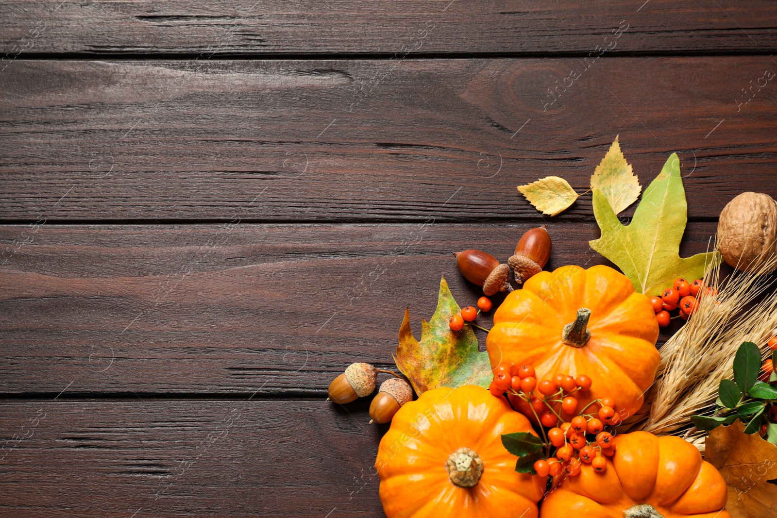 Photo of Flat lay composition with vegetables, berries and autumn leaves on wooden table, space for text. Thanksgiving Day