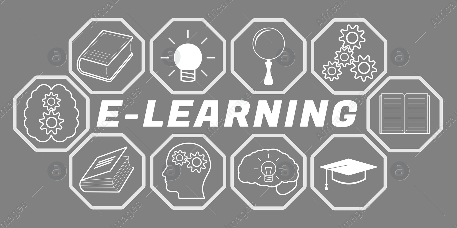 Image of E-learning. Word and icons on grey background, banner design