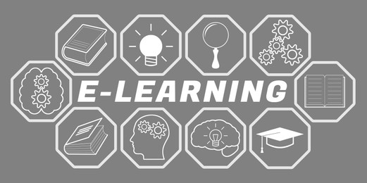 Image of E-learning. Word and icons on grey background, banner design