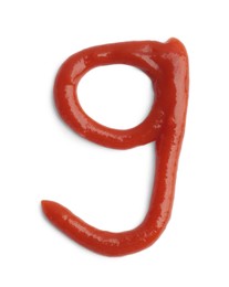Photo of Number nine written by ketchup on white background