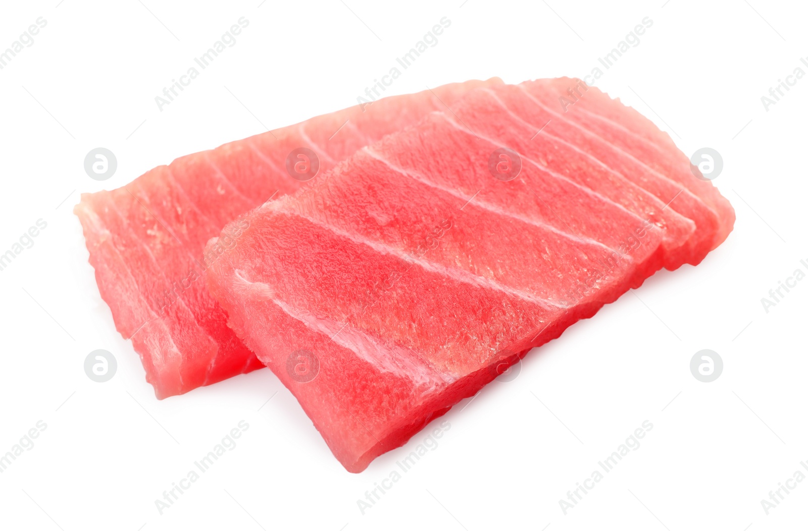 Photo of Tasty sashimi (pieces of fresh raw tuna) on white background