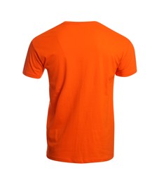 Photo of Mannequin with orange men's t-shirt isolated on white. Mockup for design