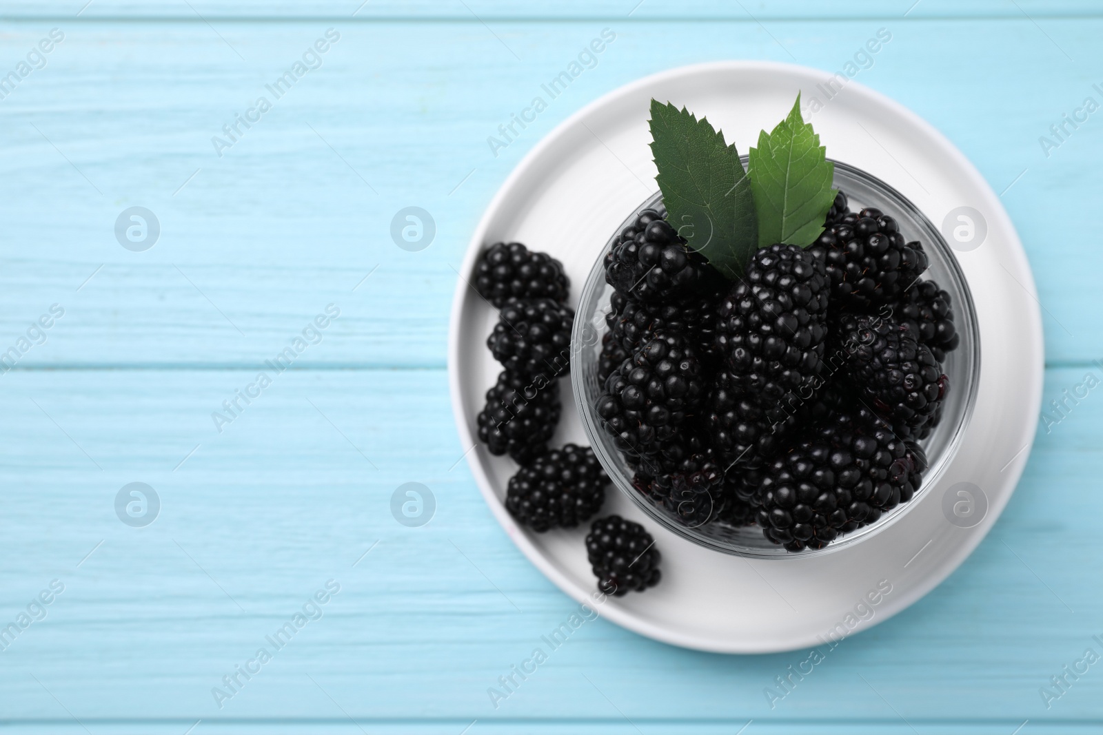 Photo of Fresh ripe blackberries on light blue wooden table, top view. Space for text