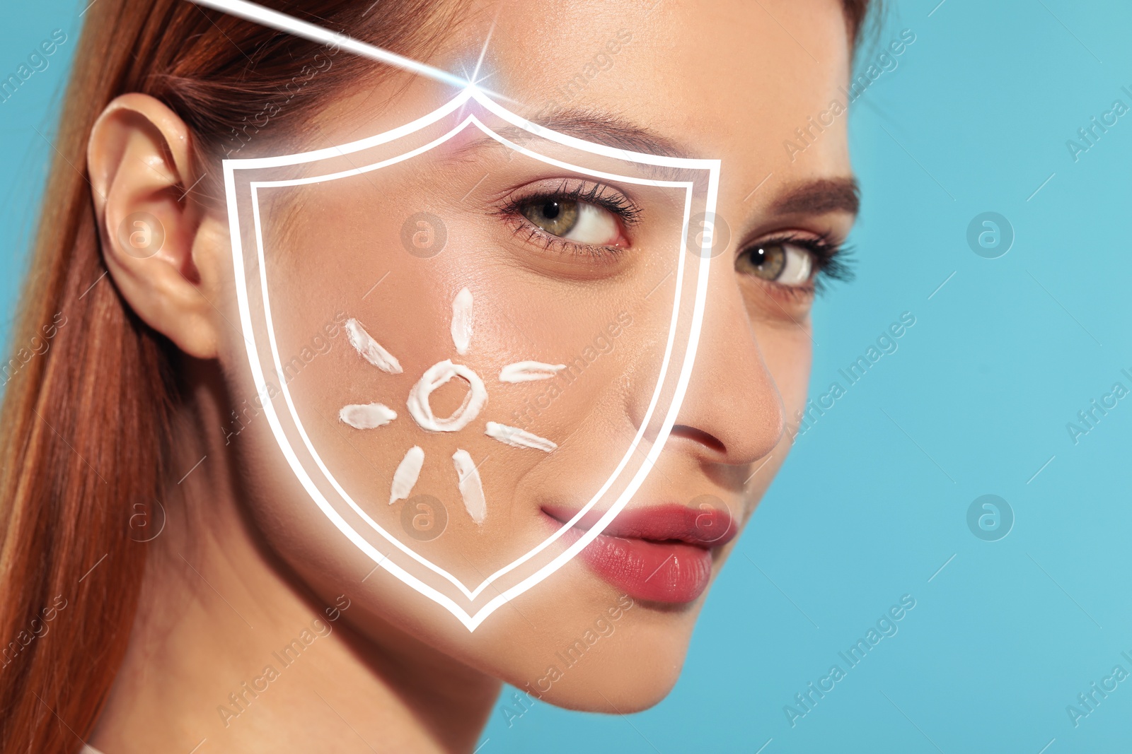 Image of Sun protection care. Beautiful woman with sunscreen on face against light blue background, space for text. Illustration of shield as SPF