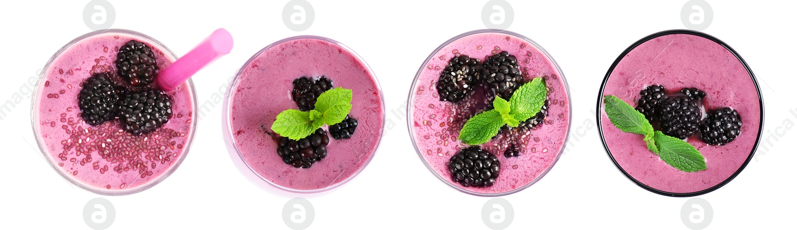 Image of Set with delicious blackberry smoothies on white background, top view. Banner design