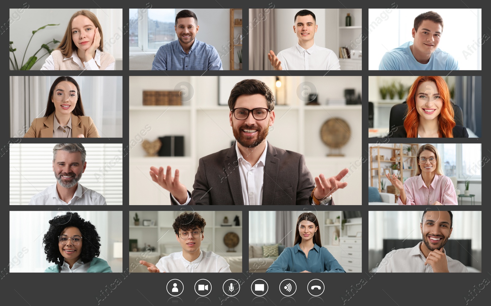 Image of Laptop (computer) screen showing people during video call. Colleagues having video chat