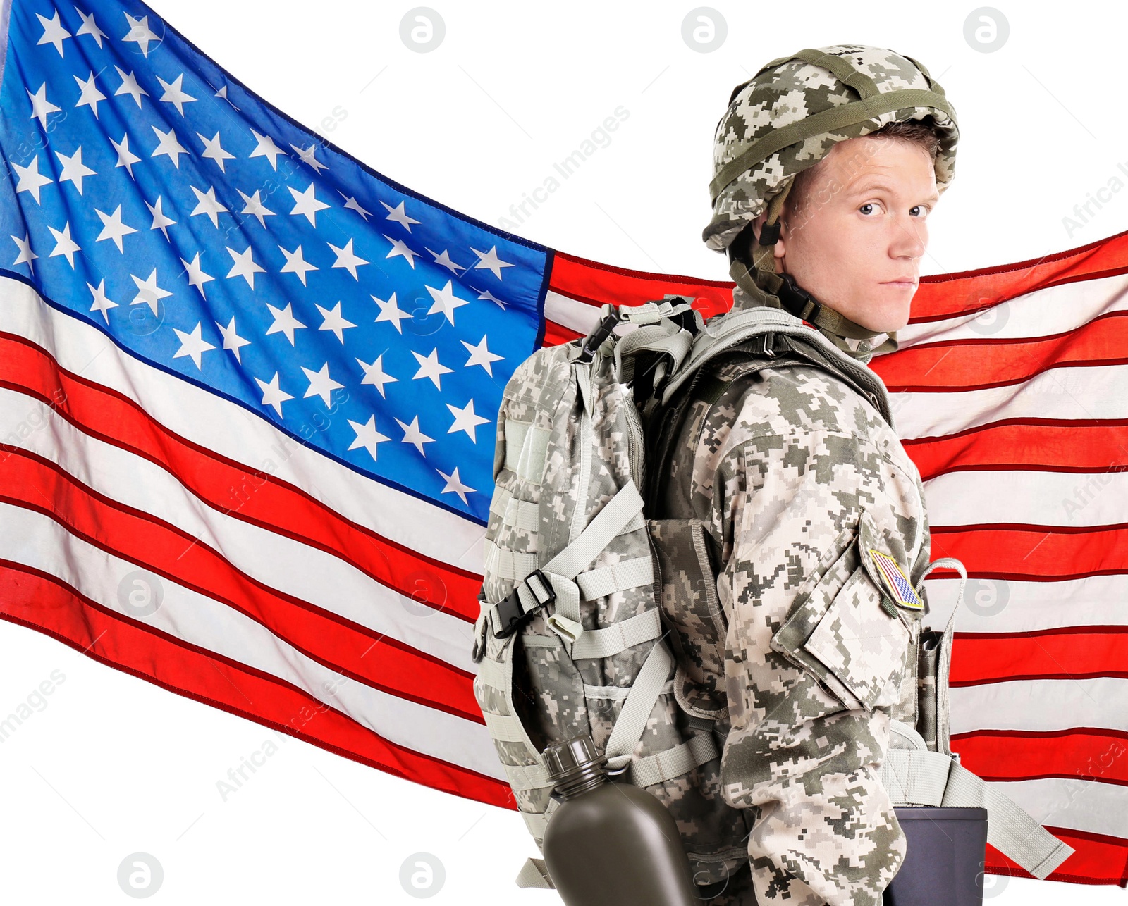 Image of Male soldier and American flag on white background. Military service