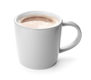 Photo of Mug with delicious hot cocoa drink on white background