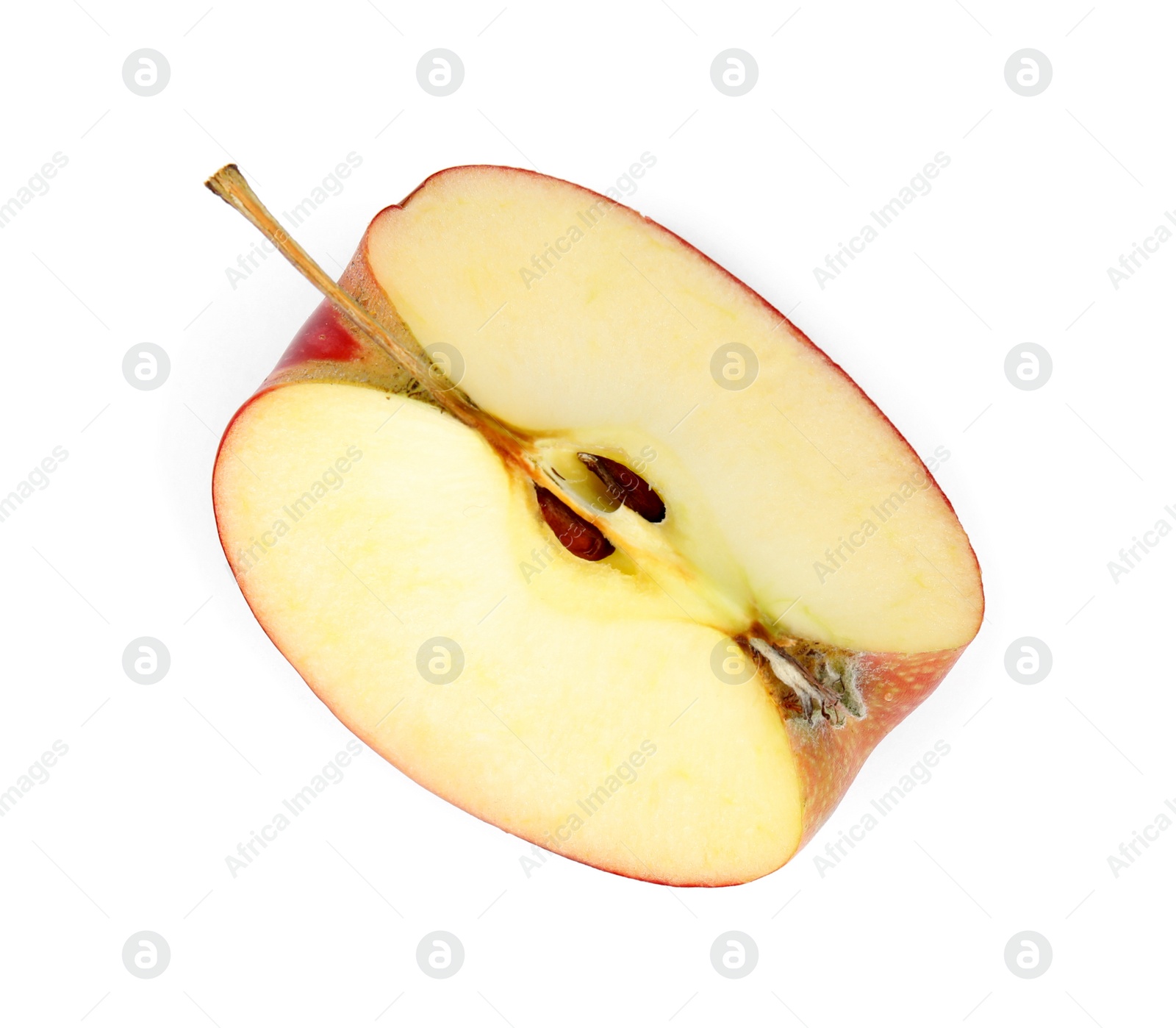 Photo of Piece of ripe juicy red apple on white background, top view